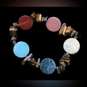 Multicolor Natural Stone Disc Stretch Bracelet - Women Jewelry